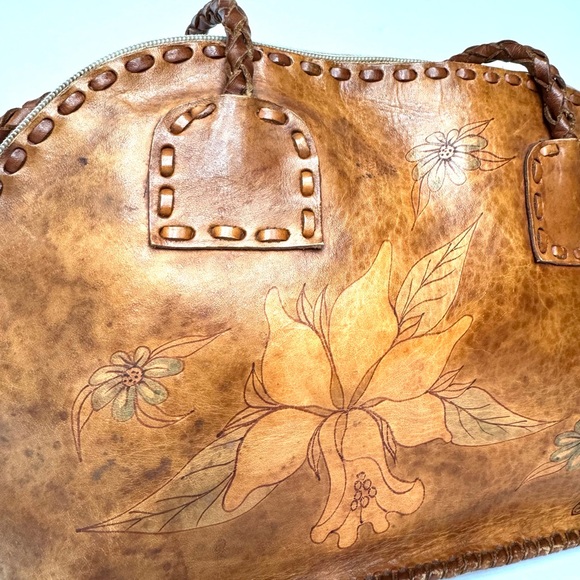 Vintage from de 2000’s Brown Raw Leather Floral Hand—Painted Shoulder Bag. - Picture 3 of 11